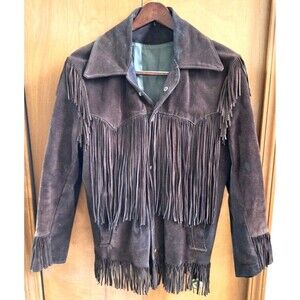 Vintage 1969 Buckboard Brown Suede Leather Fringe Jacket Size 42 Satin Lined